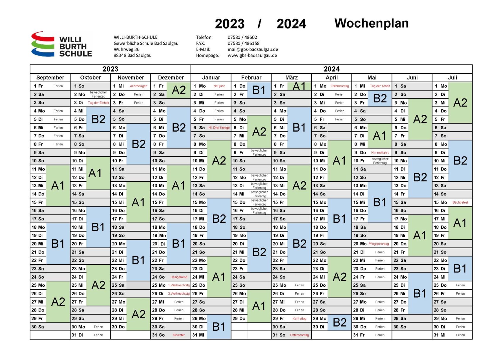 Jahresplaner mit A und BWochen im Schuljahr 2023/2025 WILLIBURTH